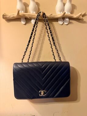 Authentic CHANEL Navy Chevron Quilted Single Flap Shoulder Bag with Chain Strap